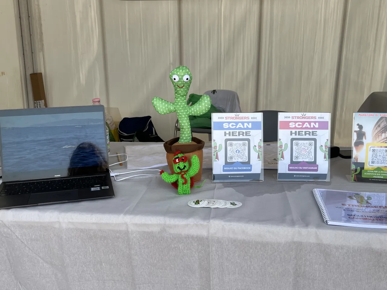 Il tavolo dello stand Strongers con il cactus mascotte e il quiz