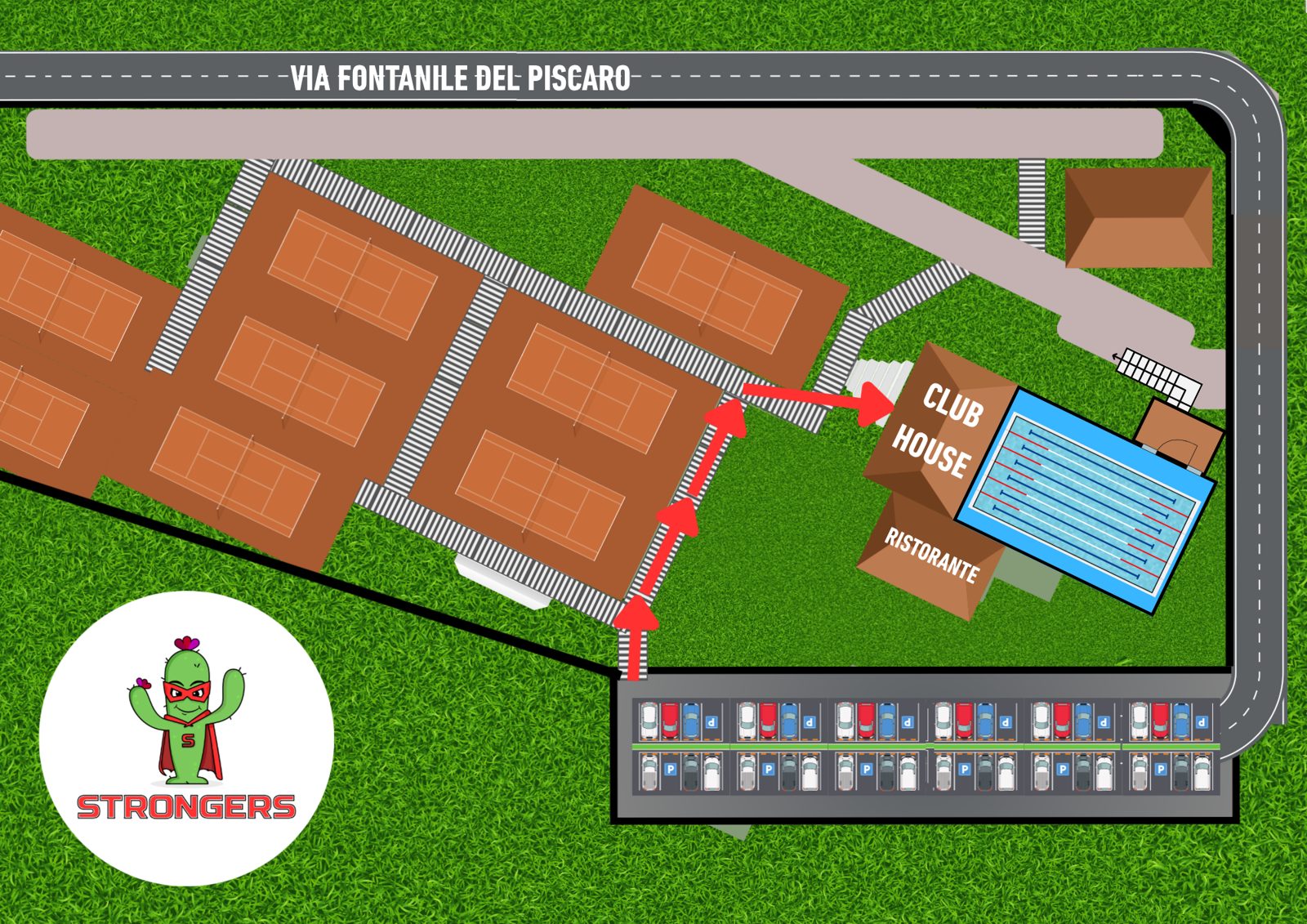 Mapa del Centro Sportivo Le Colline: desde el aparcamiento se sube por el camino entre las pistas de tenis hasta la Club House, junto a la piscina