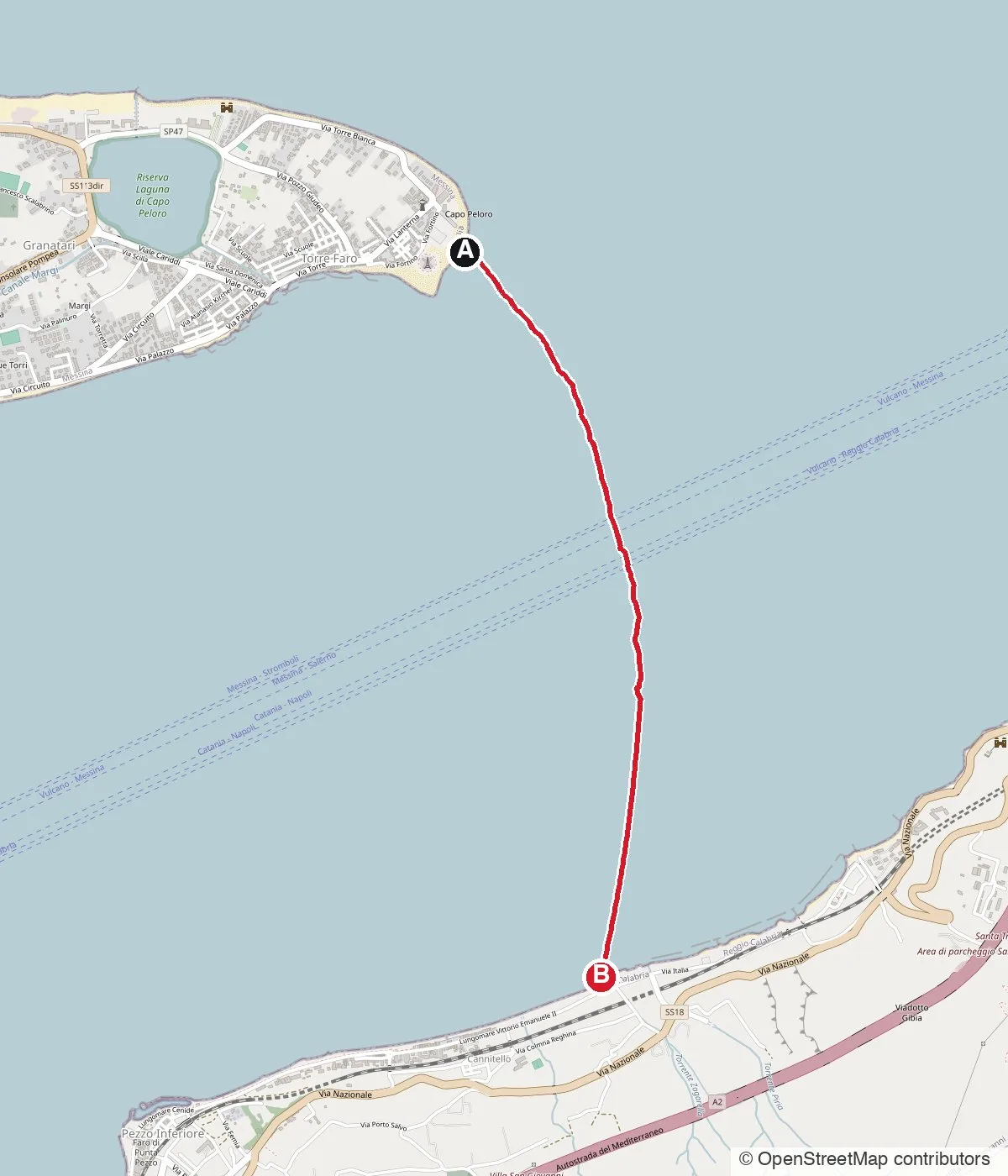 Mappa della traversata 2023: da Torre Faro (Sicilia) a Cannitello (Calabria)