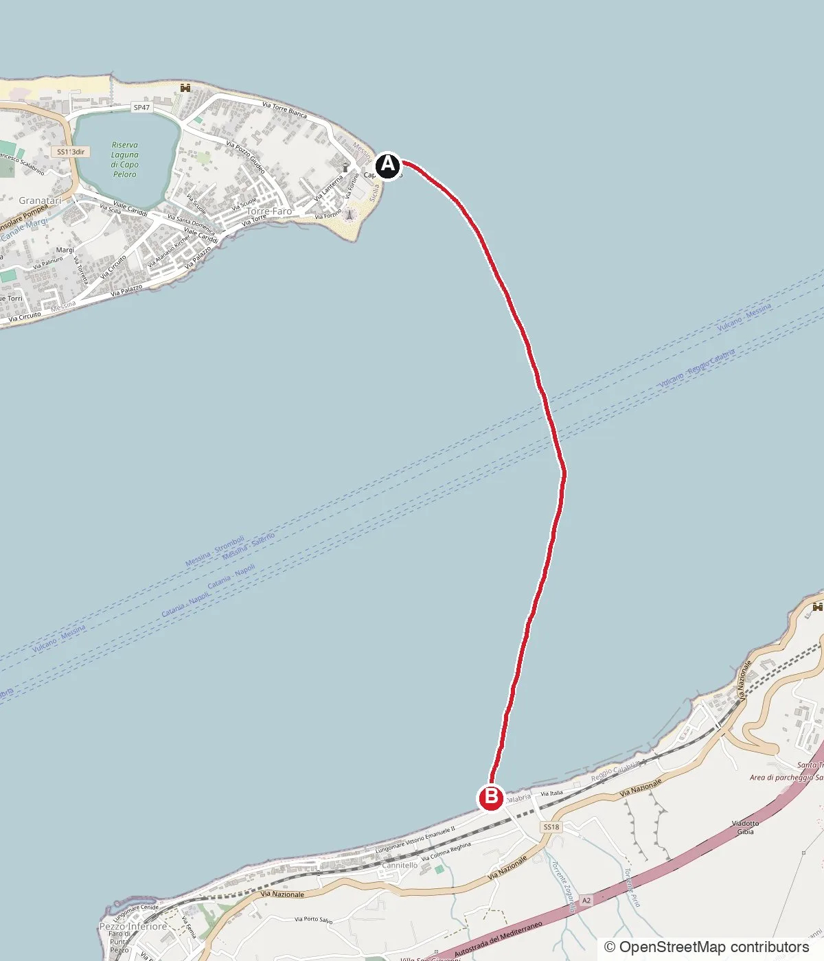 Mappa della traversata: da Torre Faro (Sicilia) a Cannitello (Calabria)