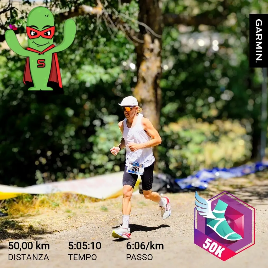 Il riepilogo dell'orologio di Raffaele: 50 km in 5:05:10, al passo di 6:06 al chilometro