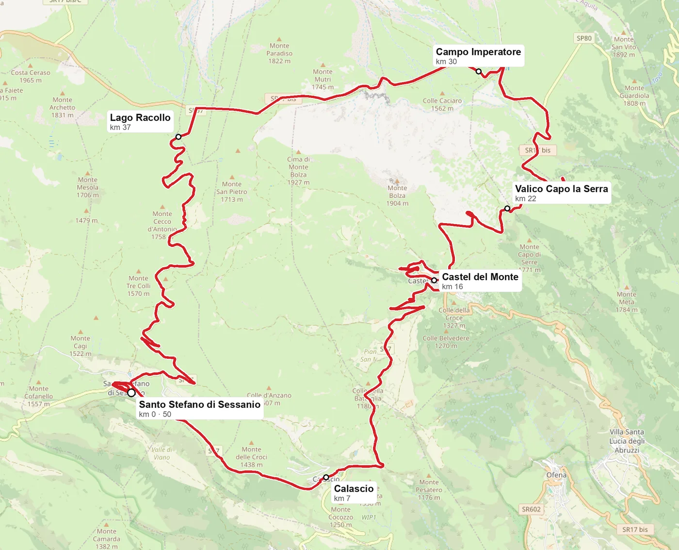 Mappa dell'Ultramaratona del Gran Sasso: anello di 50 km da Santo Stefano di Sessanio per Calascio, Castel del Monte, Capo la Serra, Campo Imperatore e Lago Racollo