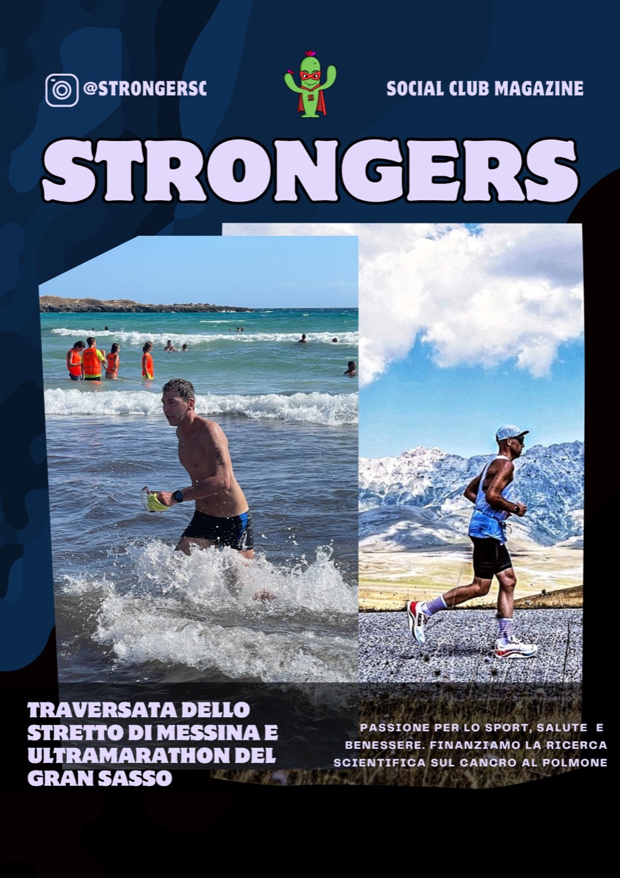 Copertina di Strongers Social Club Magazine n.1, settembre 2024: la traversata dello Stretto di Messina e l'Ultramarathon del Gran Sasso.
