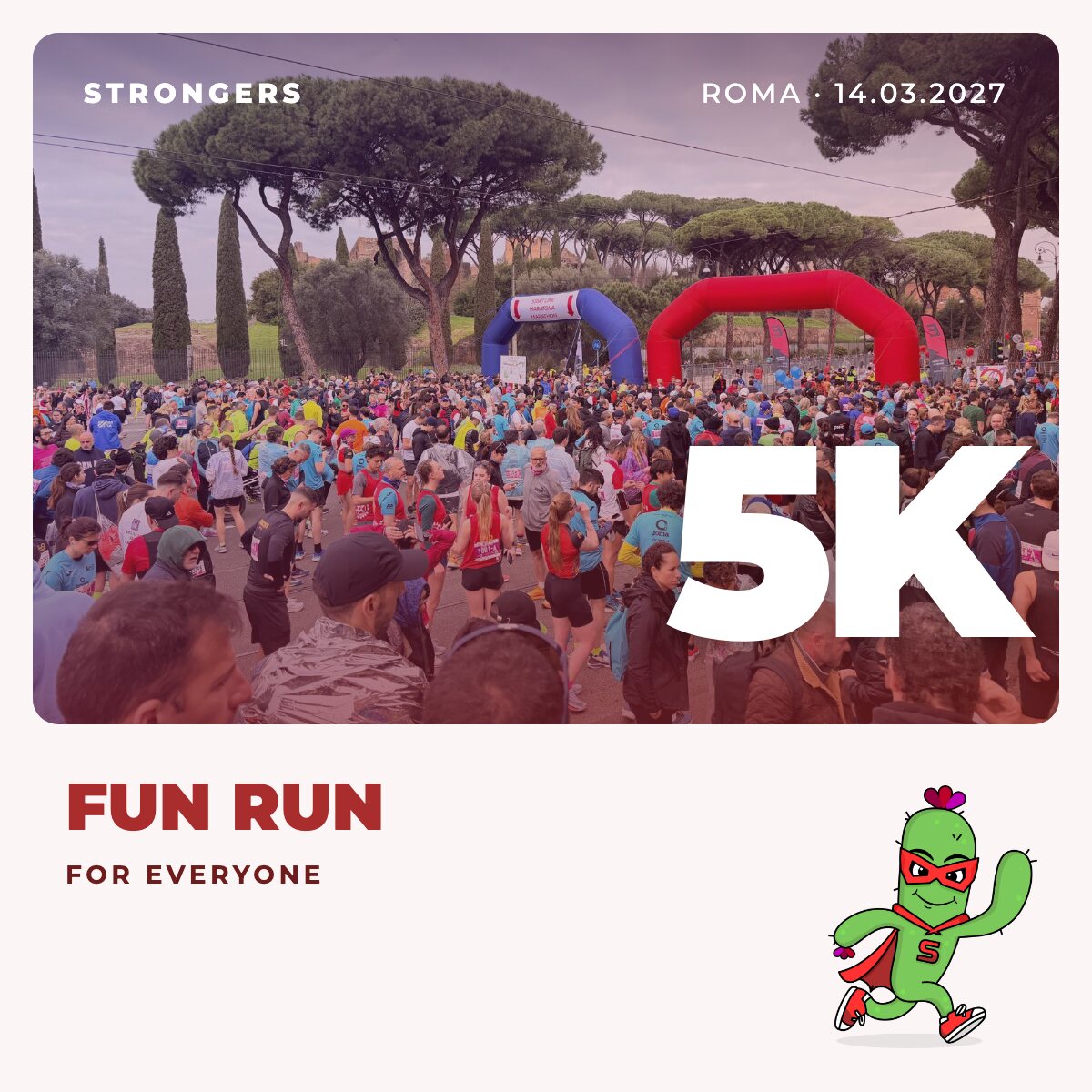 Der Start unter den Pinien Roms: solidarischer 5-km-Fun-Run für alle mit Strongers beim Run Rome The Marathon 2027.