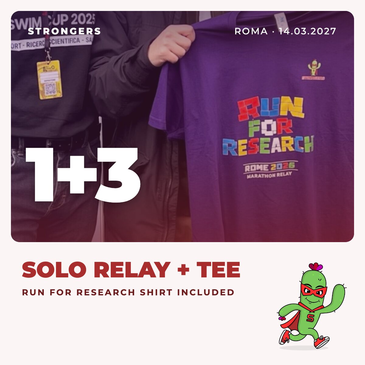 La camiseta morada Run for Research de Strongers: Run4Rome 2027, corredor individual de relevo con camiseta incluida.