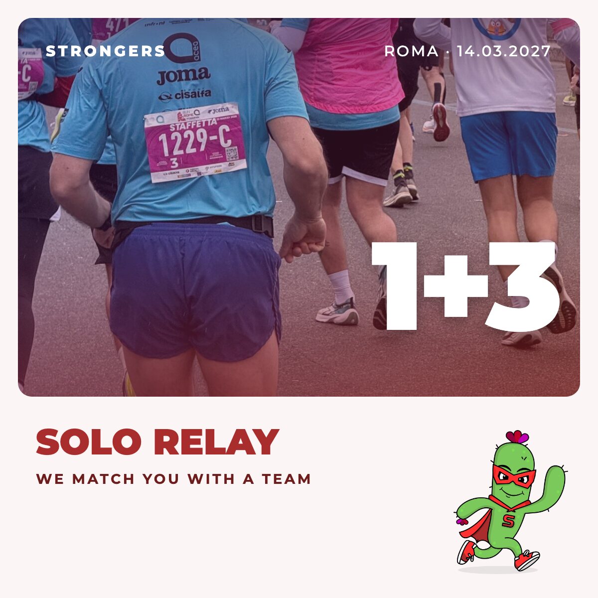 Läufer mit Staffel-Startnummer beim Rom-Marathon: Melde dich allein für Run4Rome 2027 an, wir bringen dich mit einem Strongers-Team zusammen.