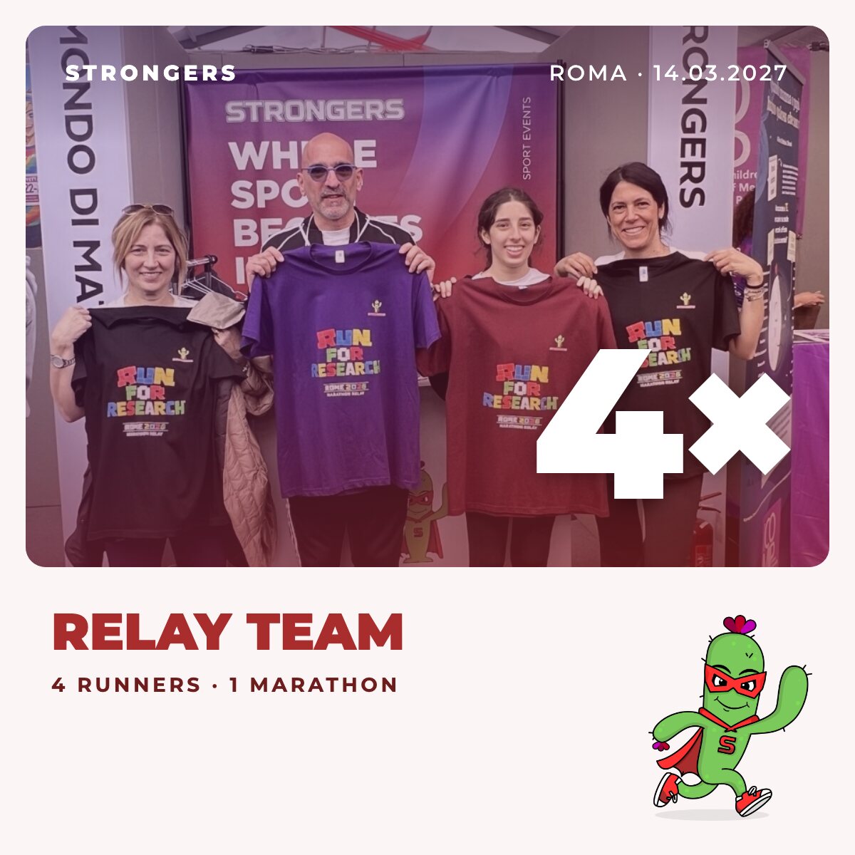Vier Strongers-Läufer zeigen ihre Run-for-Research-Shirts: Charity-Staffel Run4Rome 2027, Team aus 4.